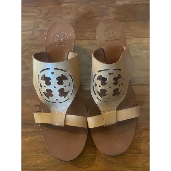 TORY BURCH Zoey Wedge Slide Sandal Slip On Mule Shoes Size 9 Beige VACATION - Picture 4 of 7